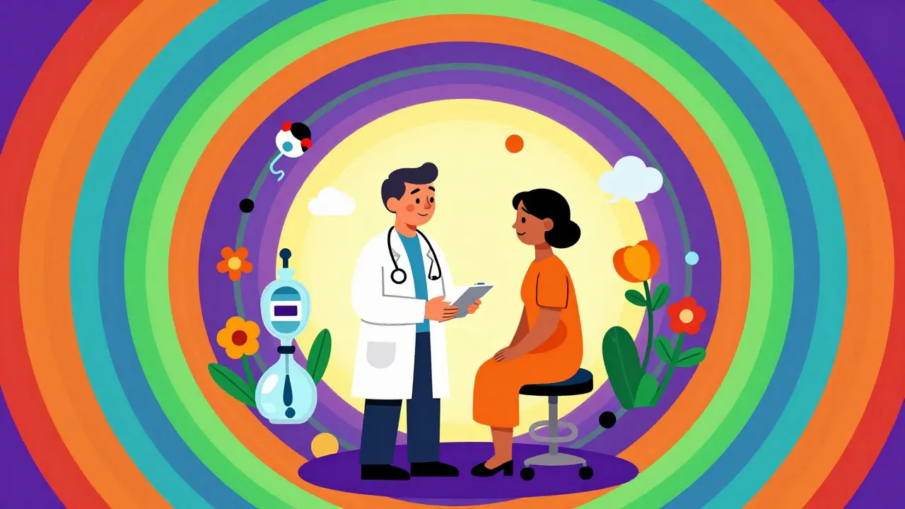 Doctor and patient shaking hands surrounded by colorful rays of light.