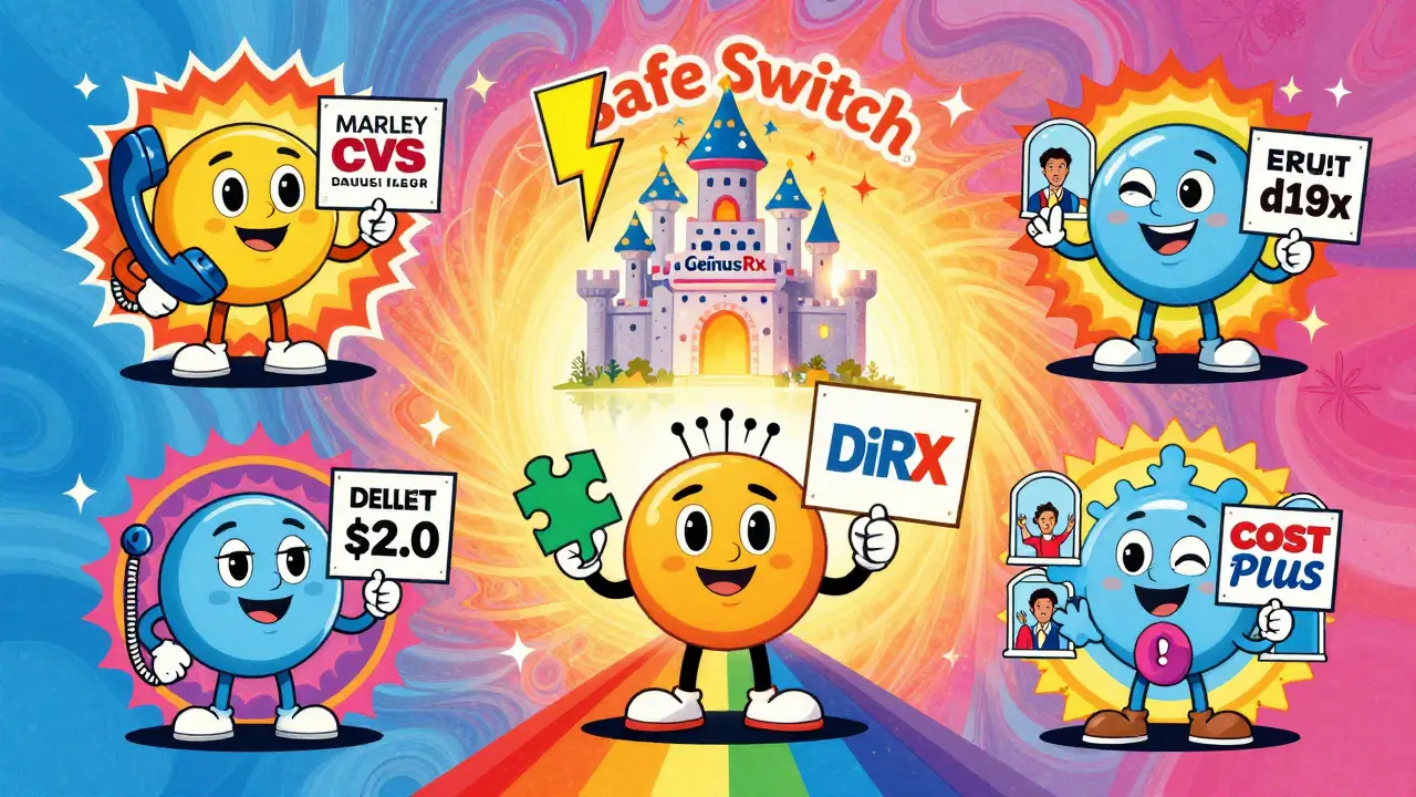 Five pharmacy services appear as friendly characters on a rainbow road, each with personalized icons and price signs.