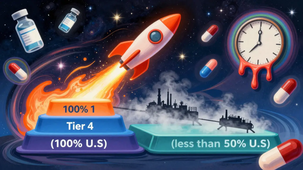 Four colored tiers of drug approval with rockets and fog, surrounded by glowing medications.
