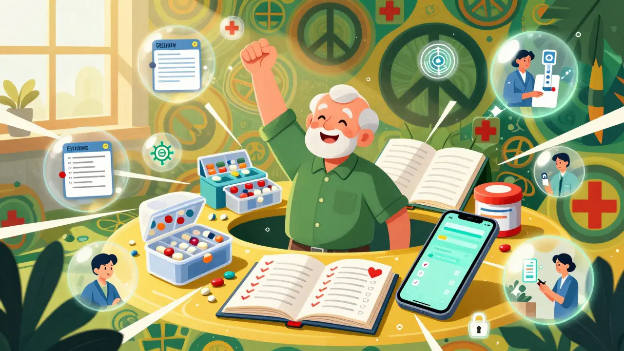 Happy senior celebrating organized medication management system