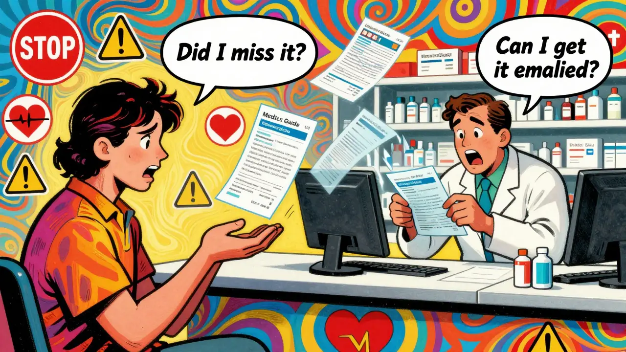 Patient and pharmacist in a chaotic pharmacy scene with missing Medication Guide, surrounded by fading paper and digital delivery icons