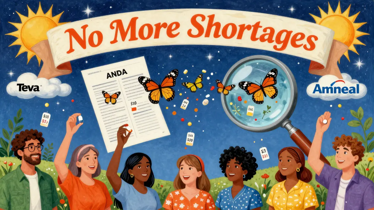 Patients celebrating falling drug prices as AI scans documents into butterflies.