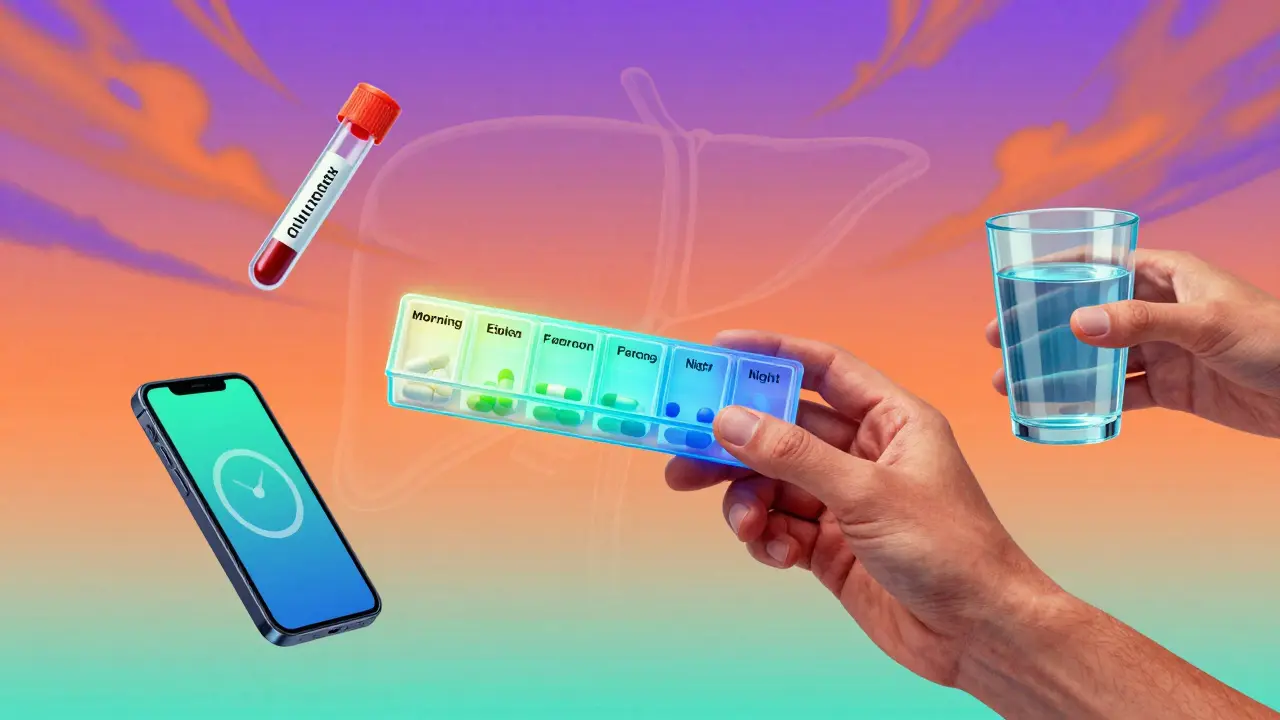Someone holding a pill organizer with floating medical icons and a glowing liver in a vibrant, colorful background.