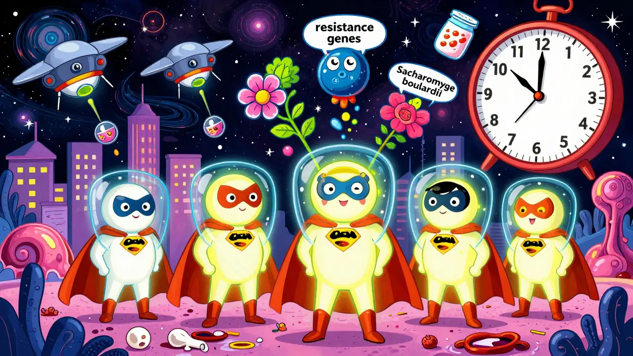 Superhero probiotics defend a gut city from antibiotic bombs, turning resistance into flowers, in bold Peter Max psychedelic art.