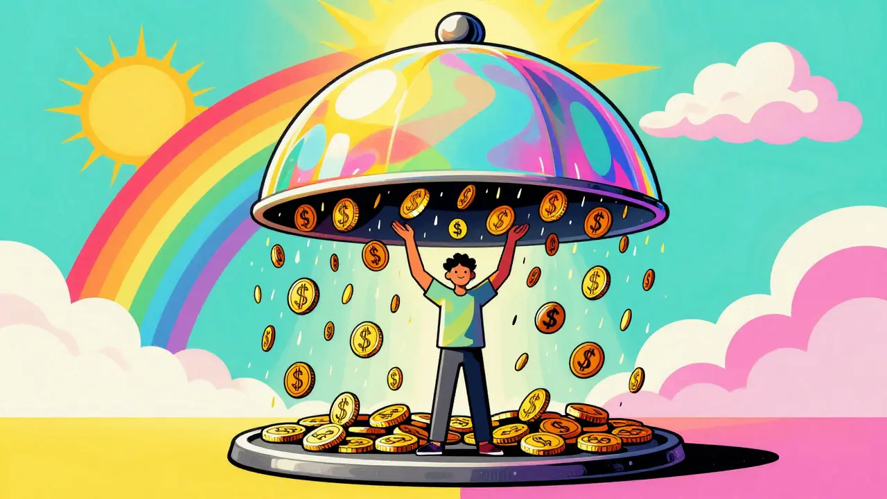 A person under a colorful shimmering dome protecting them from falling money symbols.