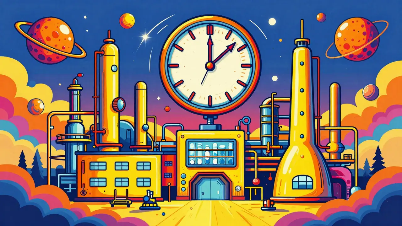 A vibrant, surreal pharmaceutical factory with a giant cosmic clock in the sky.