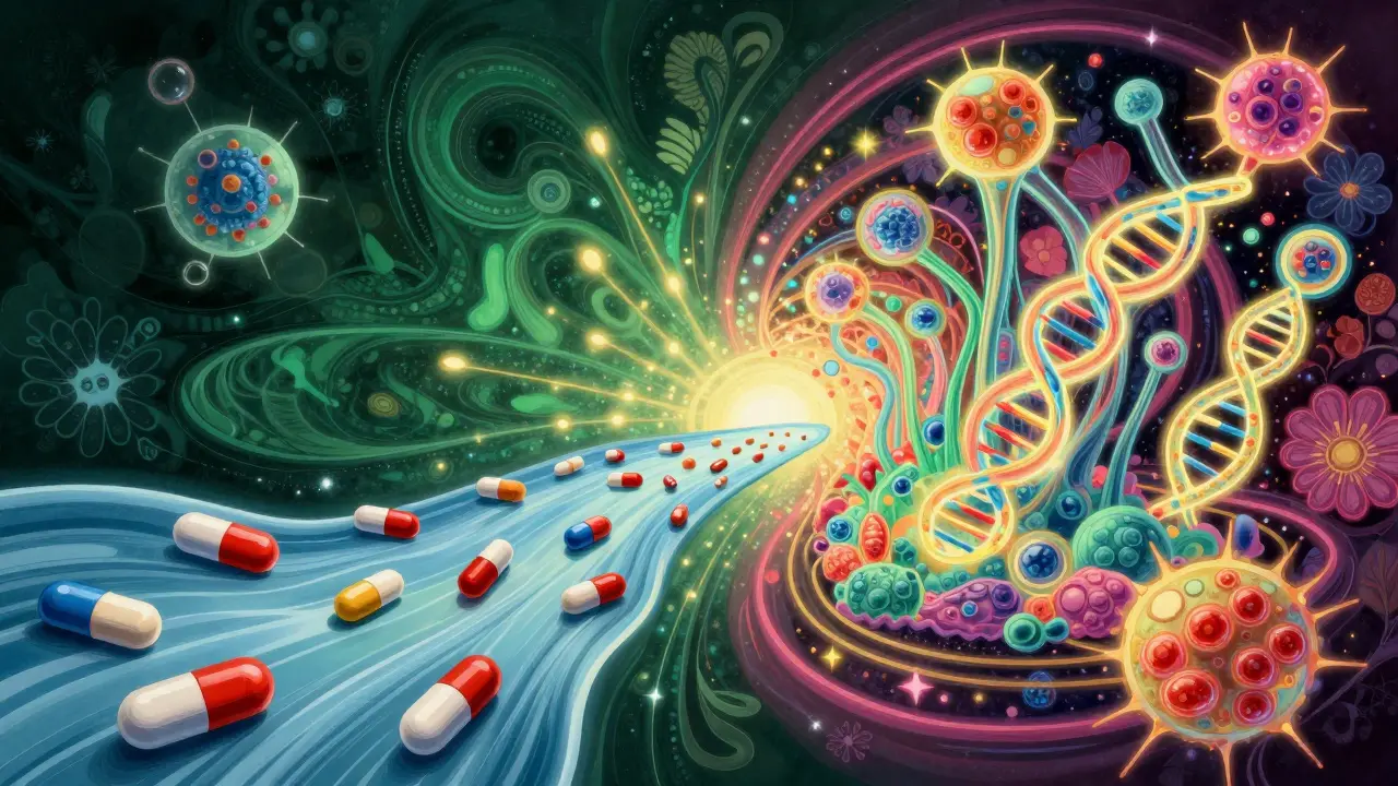 Abstract comparison of simple colorful pills and complex glowing biological cell structures.