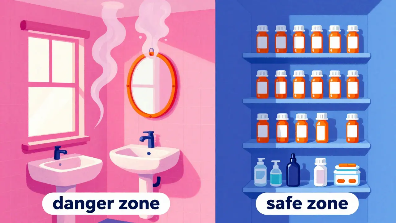 Abstract illustration comparing a humid bathroom and a cool closet for medication storage.