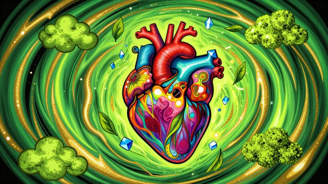 Colorful abstract heart surrounded by swirling green tea leaves and blue crystals.