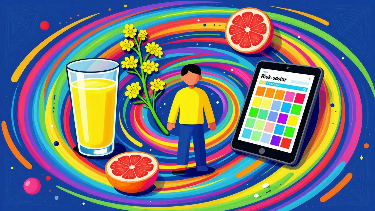 Colorful conceptual art with grapefruit, herbs, and a medical guide for drug safety.