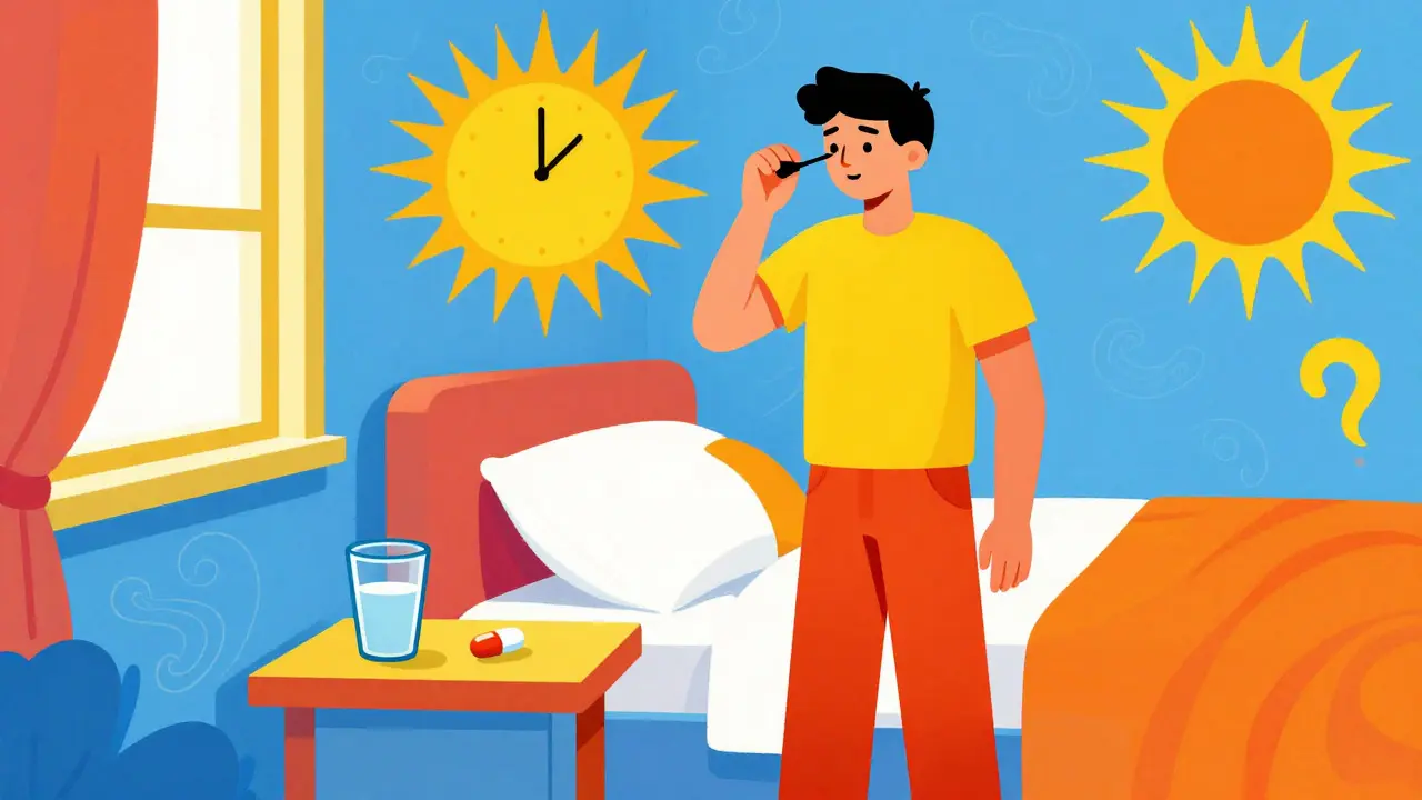 Colorful stylized person standing by a glass of water in a bright, psychedelic bedroom.