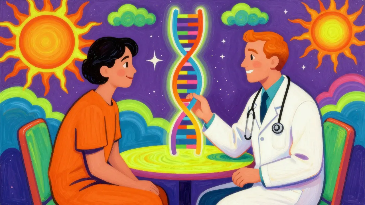 Doctor and patient discussing personalized medicine amidst a cosmic colorful backdrop.