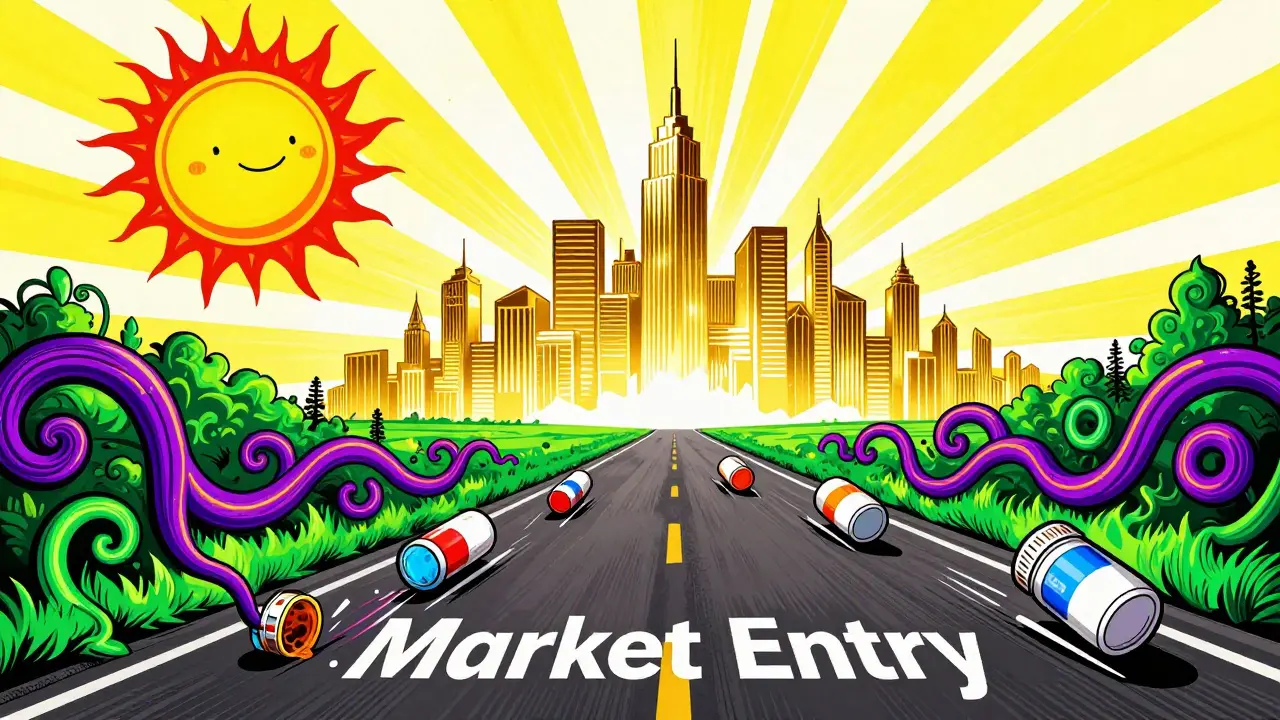 Generic drug containers navigating neon vines on a path to a golden city.