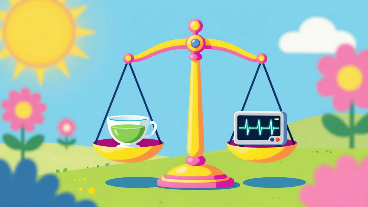 Neon scale balancing a small cup of green tea with a steady medical pulse line.