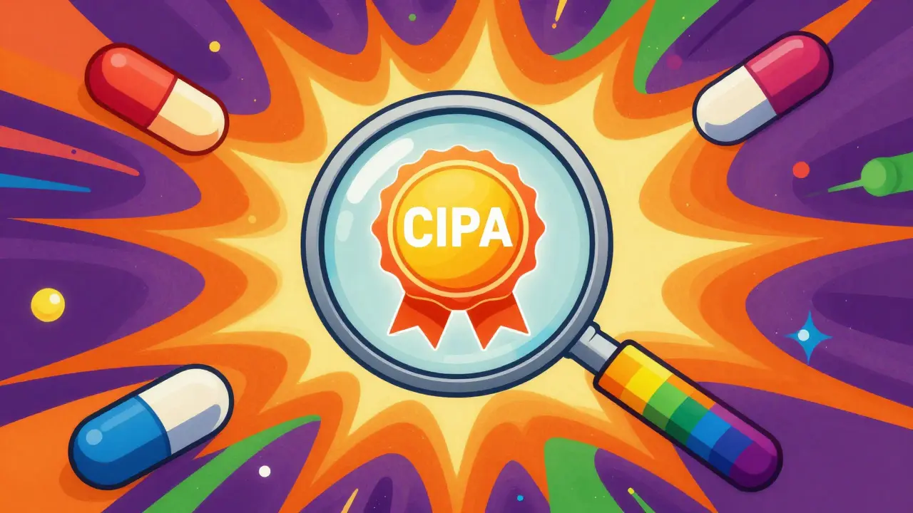 Psychadelic artwork of a magnifying glass verifying a pharmacy certification seal.