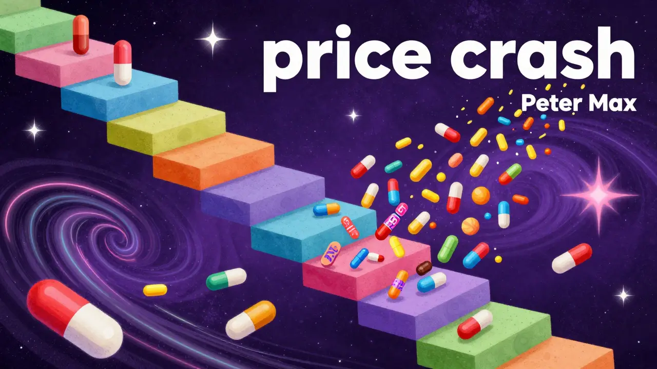 Stylized drug capsules descending a colorful staircase into a psychedelic cosmic void.