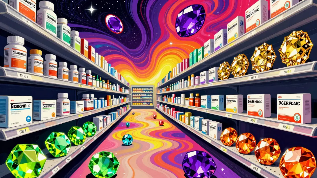 Stylized grocery shelves showing generic drugs as colorful gems in a pop art style.