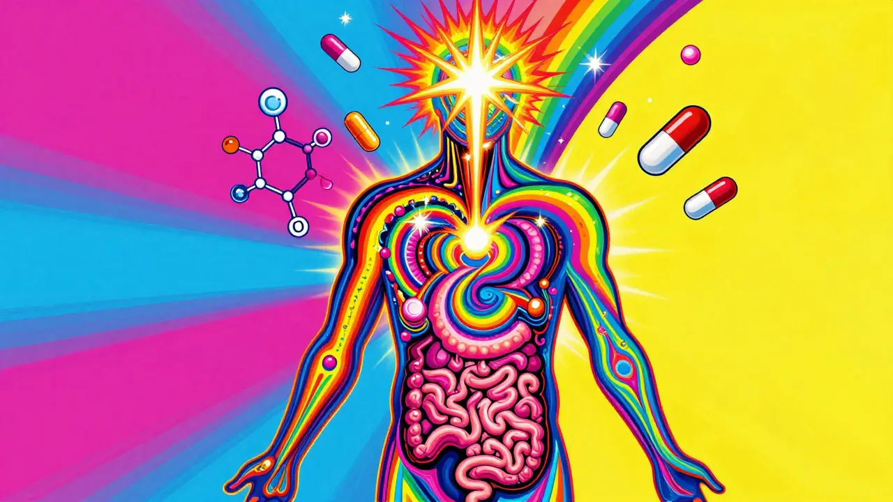 Stylized human figure with colorful swirls representing internal chemical reactions.