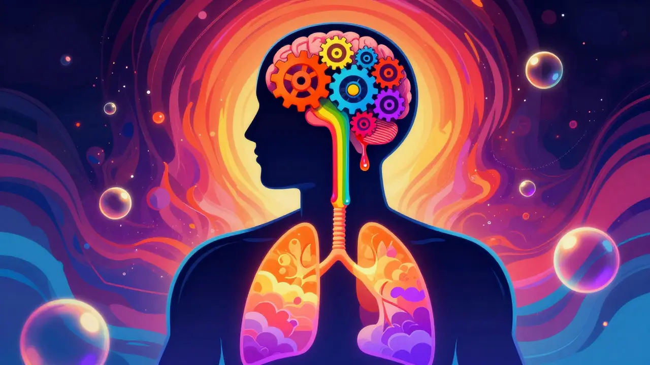 Stylized silhouette illustrating brain sedation and fading lung function in neon colors.