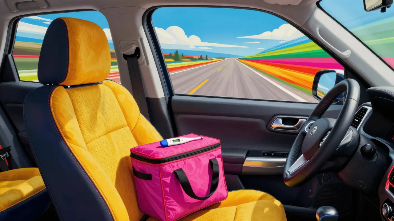 Vibrant artwork of an insulated medical cooler on a car passenger seat during a move.
