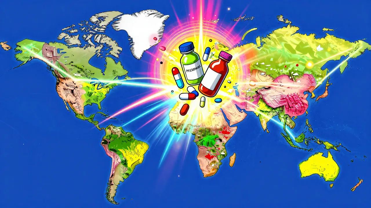 Vibrant illustration showing the connection between US and Canadian pharmacies with floating pills.