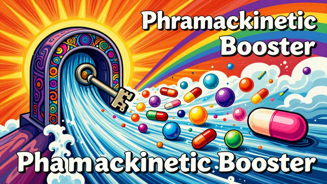 Vibrant pop art showing a booster pill causing a surge of medication in the blood.