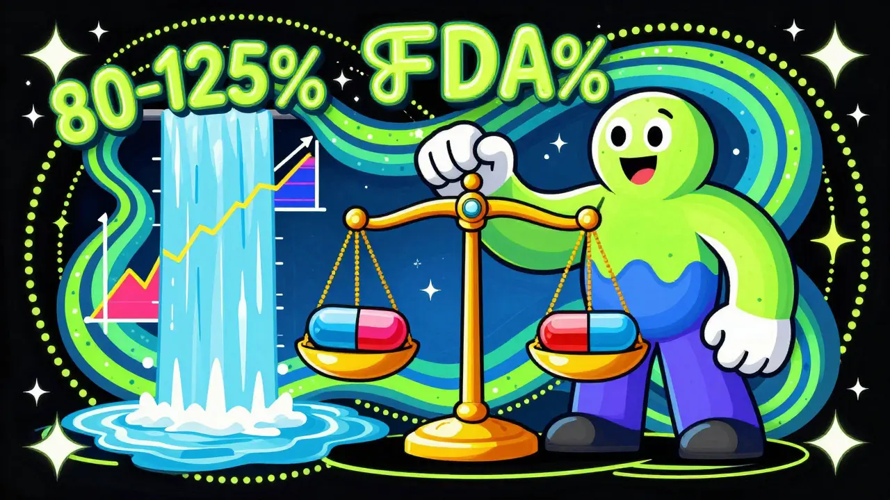 An op-art illustration of the FDA ensuring bioequivalence between brand and generic pills using scales and colorful graphs.
