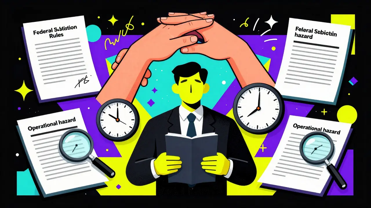 Artistic depiction of complex federal legal requirements surrounding an attorney in vibrant colors.