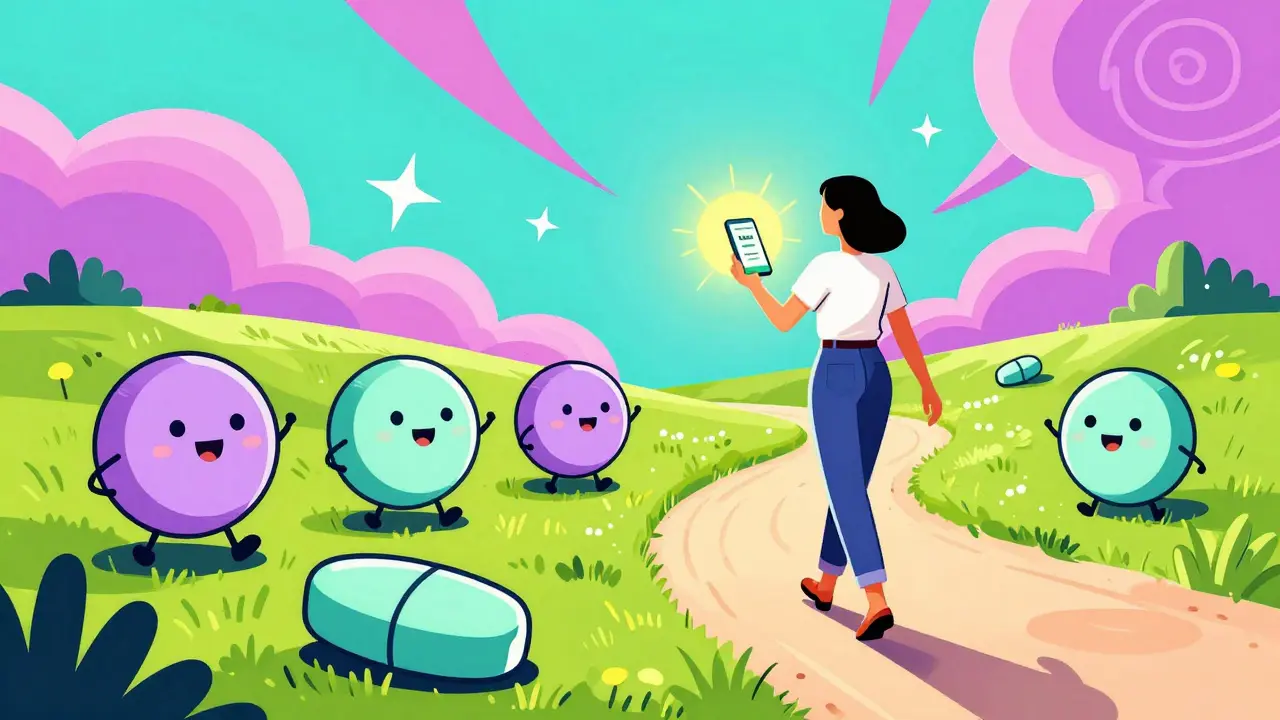 Cheaper alternative estrogen pills depicted as friendly figures in colorful illustration