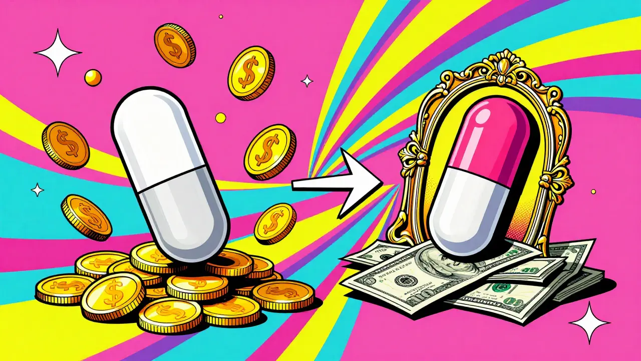 Colorful illustration comparing cheap generic pills to expensive brand names.