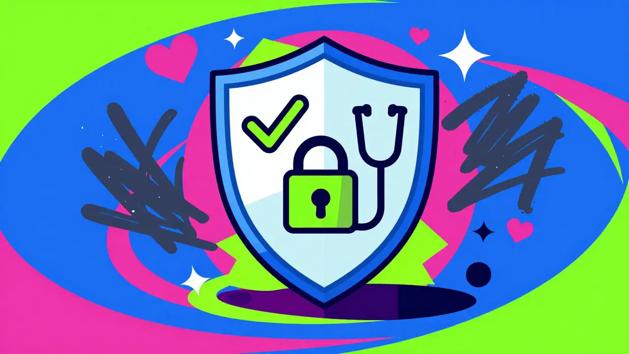 Colorful illustration of digital safety shield protecting against online pharmacy scams