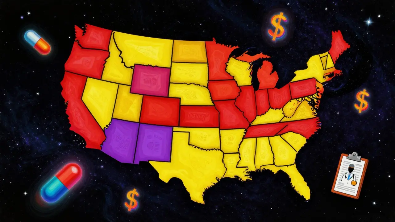 Colorful map of US states with abstract medical icons in a cosmic setting.