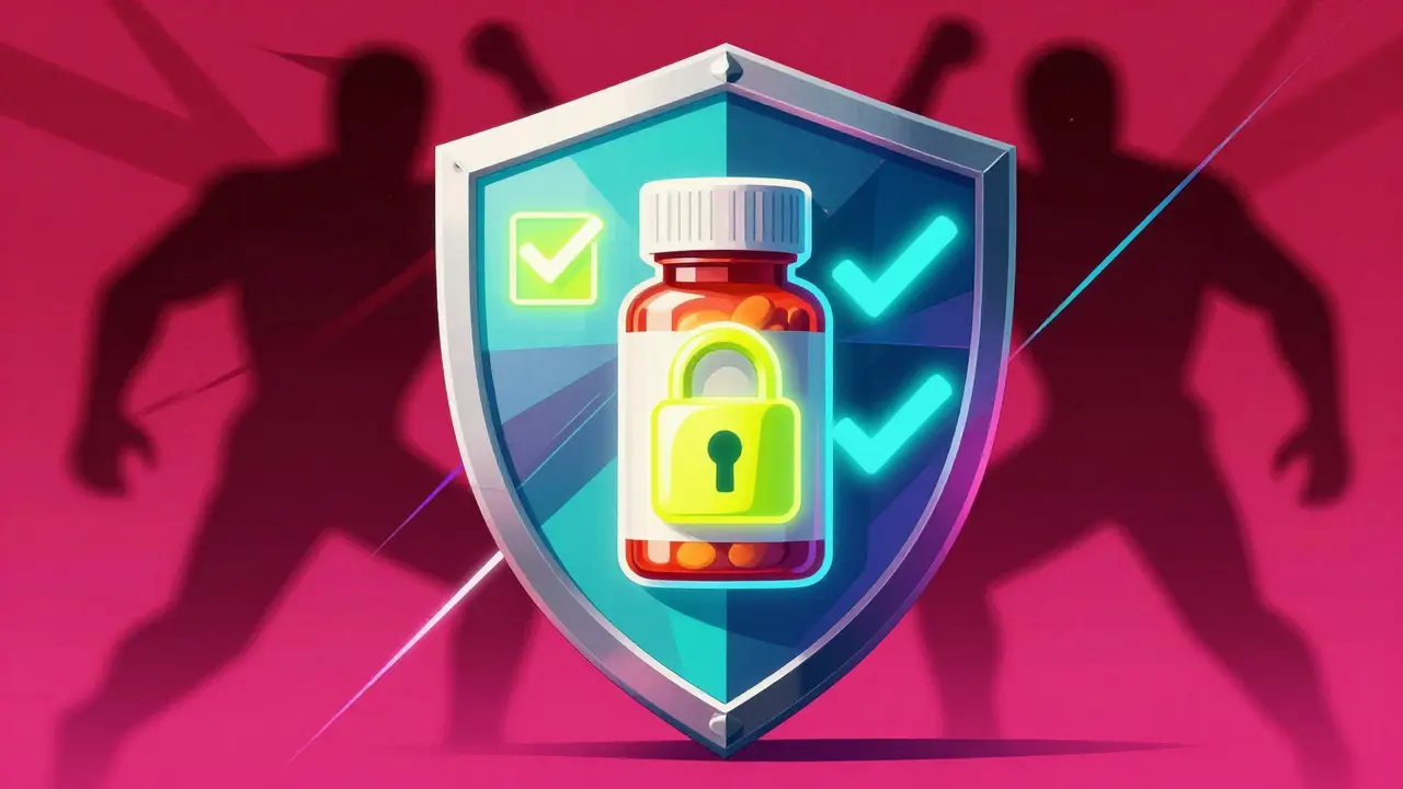 Colorful shield protecting medicine from scams in psychedelic illustration style