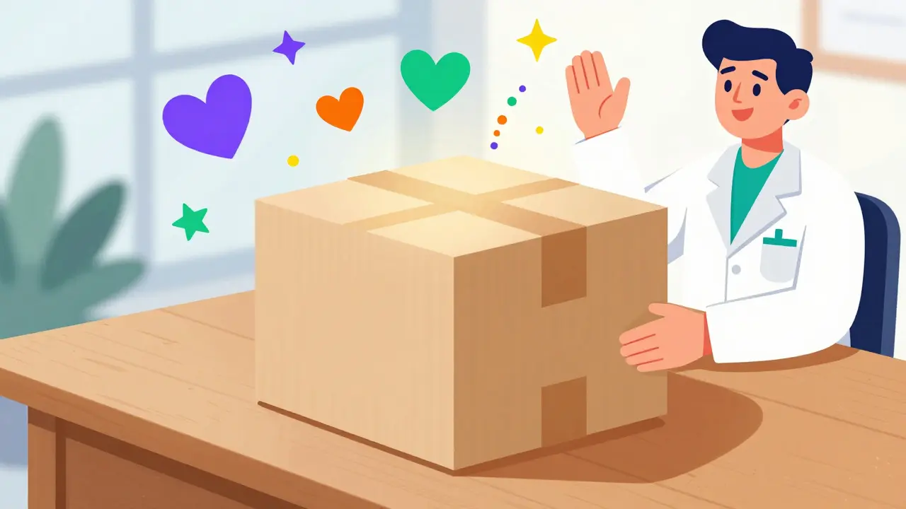 Discreet medication package with floating hearts in vibrant cartoon style