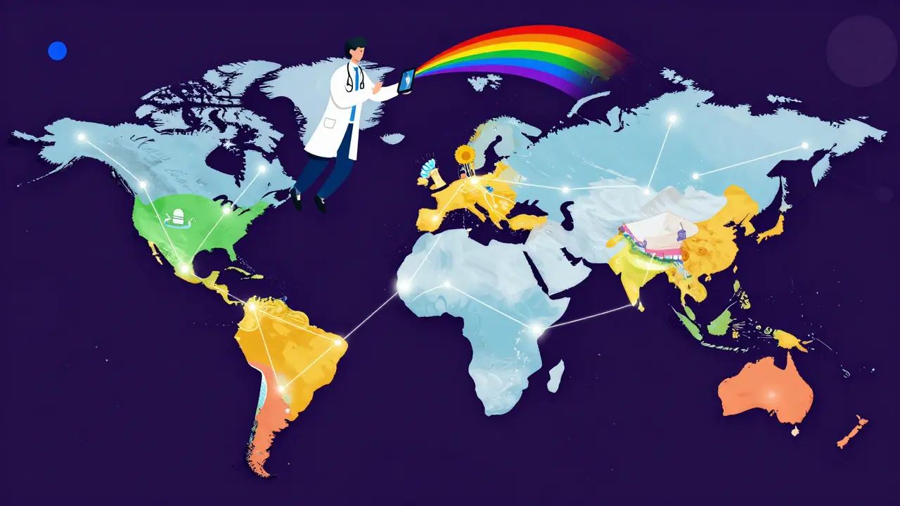 Global map connected by telemedicine networks in pop art