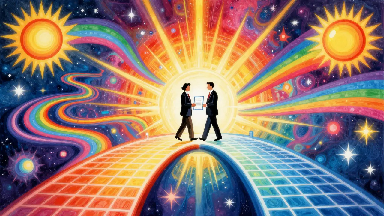 Illustration of state and federal legal paths merging into a unified bridge under a cosmic sky.