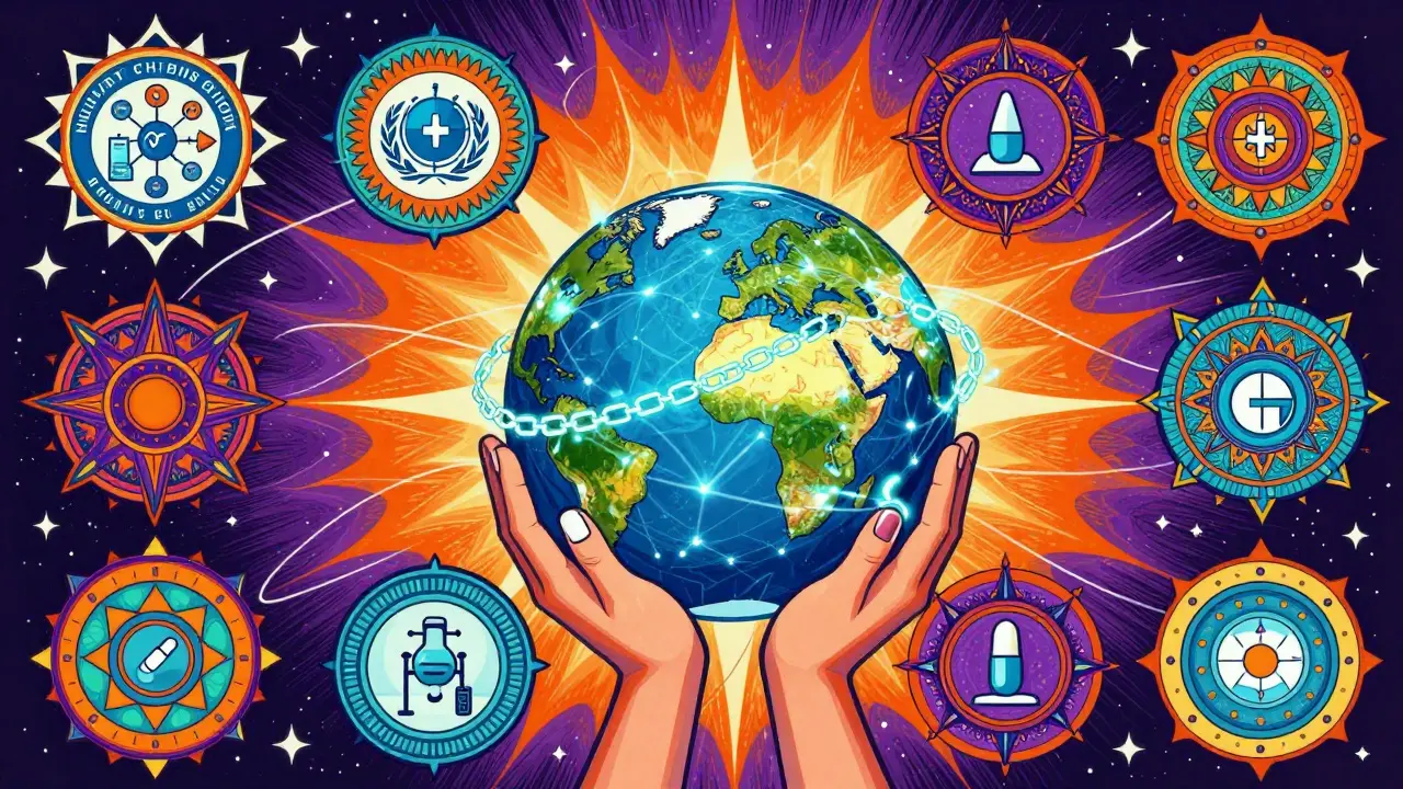 Psychedelic art of global health network protecting medicine access
