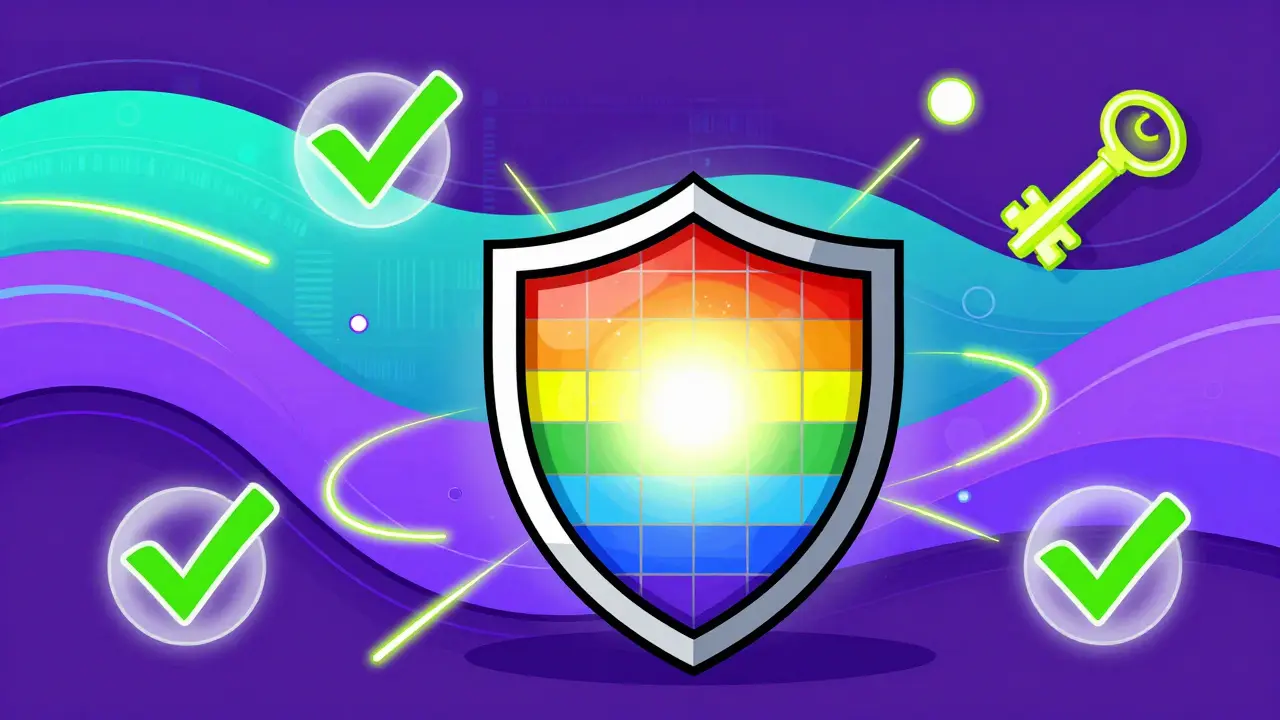 Psychedelic illustration of a rainbow shield symbolizing safe pharmacy practices