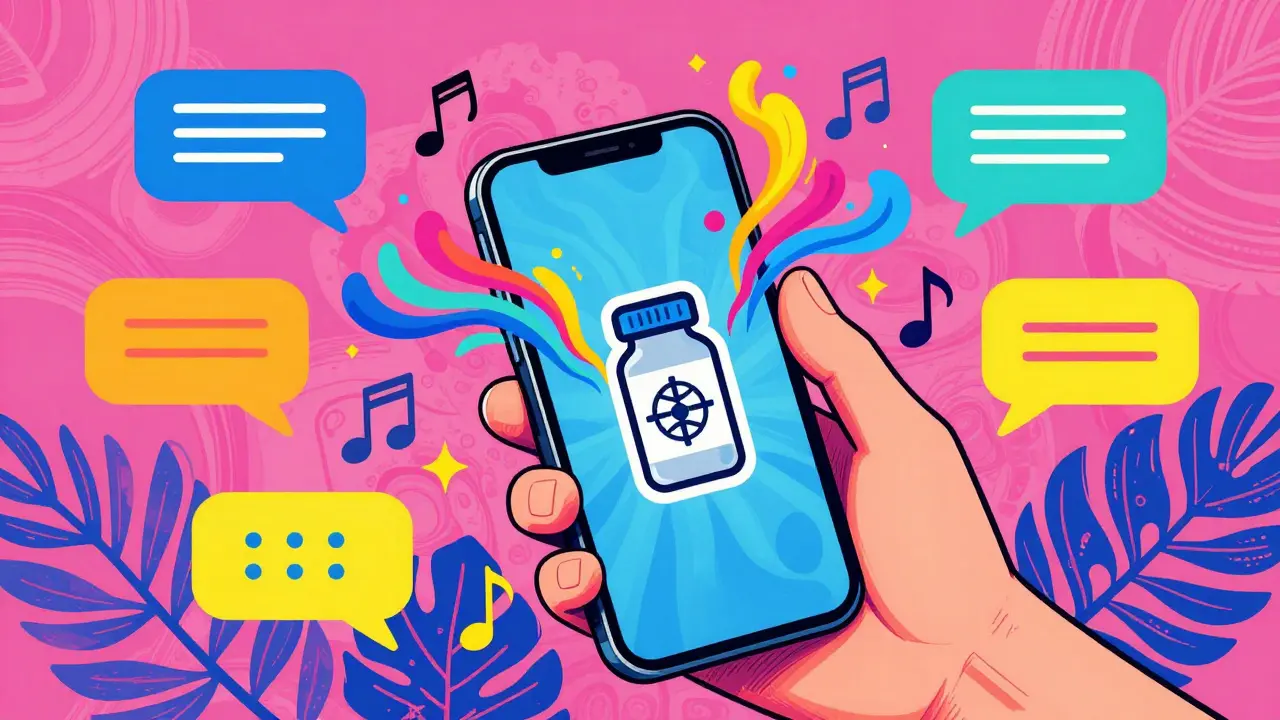 Smartphone translating medication names with colorful swirls