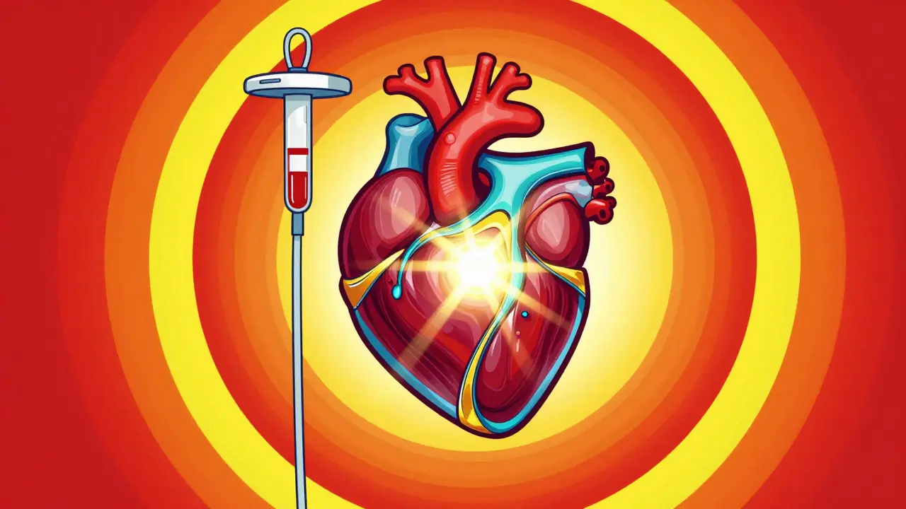 Stylized heart protected by glowing IV ribbons in a vivid, psychedelic Peter Max design.