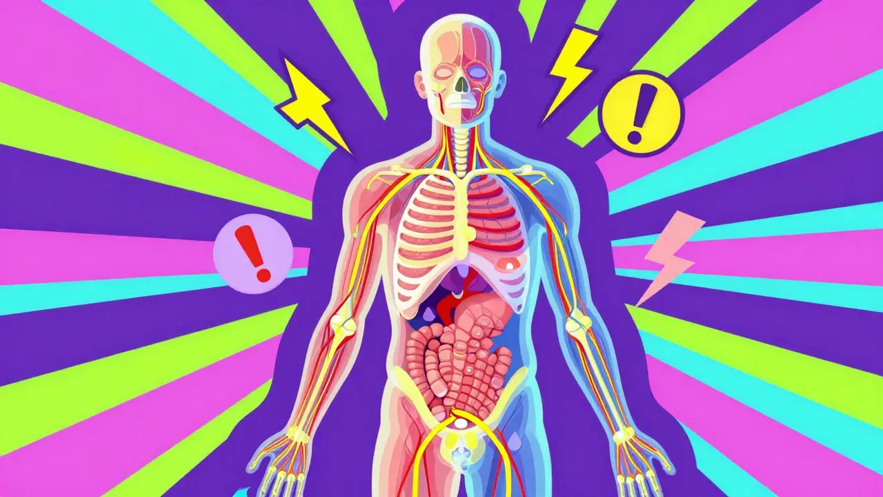 Vibrant abstract art highlighting tendon and nerve health risks of strong antibiotics