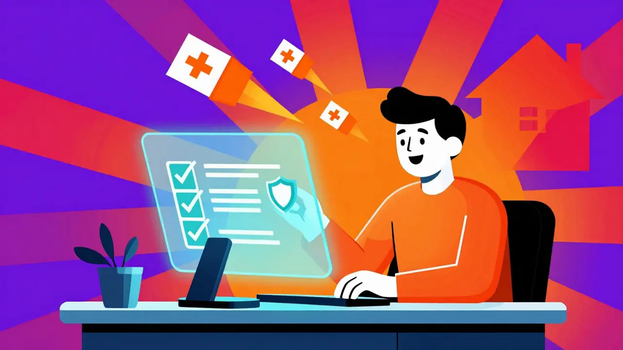 Vibrant art of safe online medicine ordering with security shields and packages.