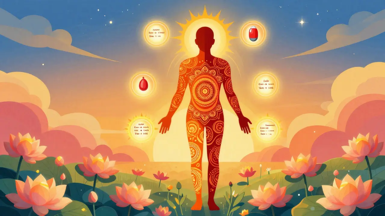 Vibrant artwork of a mandala figure surrounded by healing light and flowers