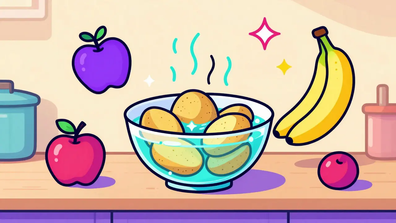 Vibrant illustration of leached potatoes and safe fruits on a kitchen counter in pop art style.