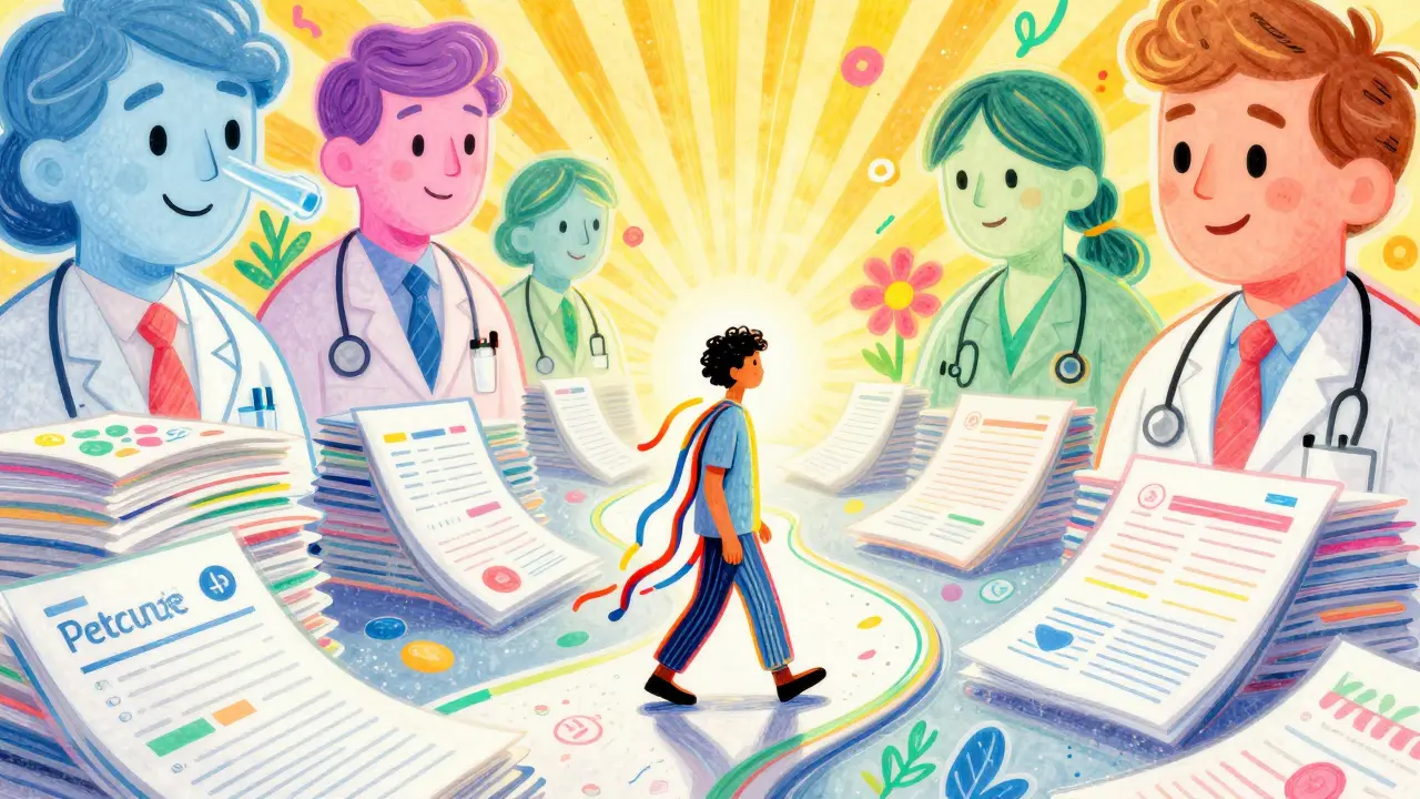 Whimsical illustration of a patient navigating colorful paperwork barriers.