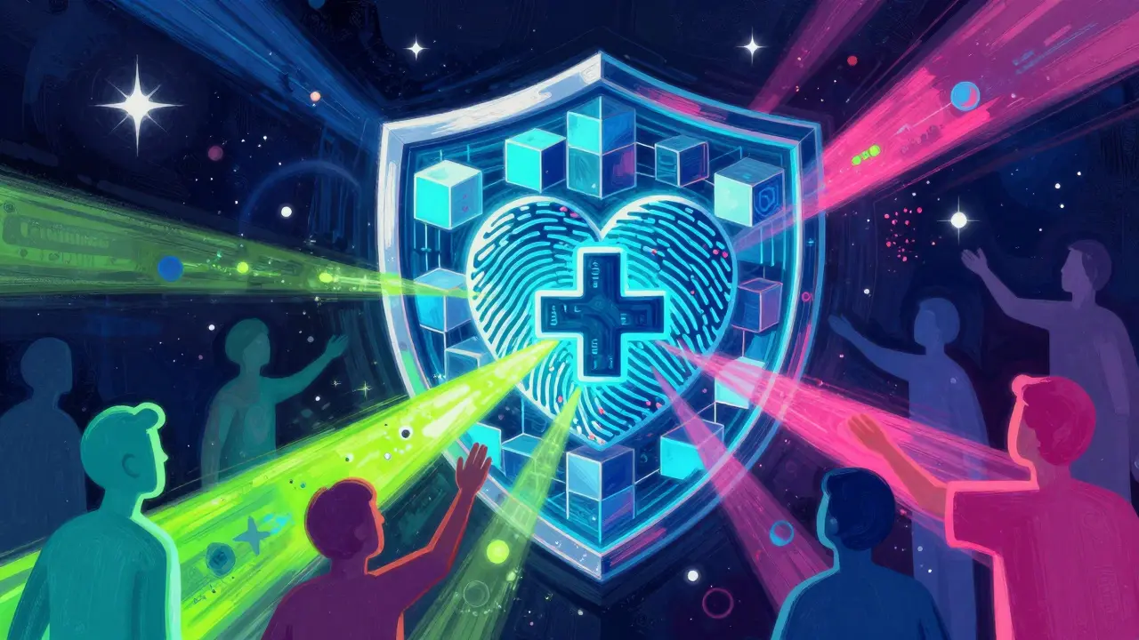 Abstract art showing secure future tech protecting healthcare data