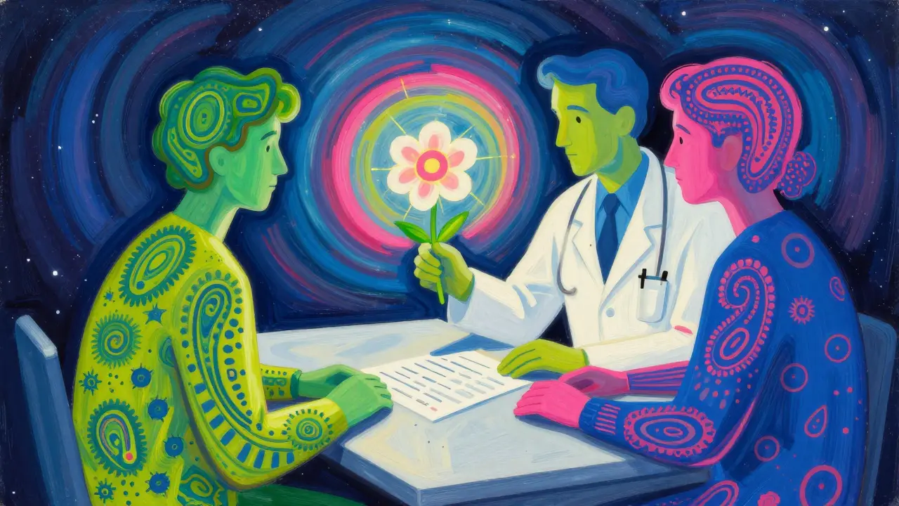 Abstract doctor and patient consultation in Peter Max style
