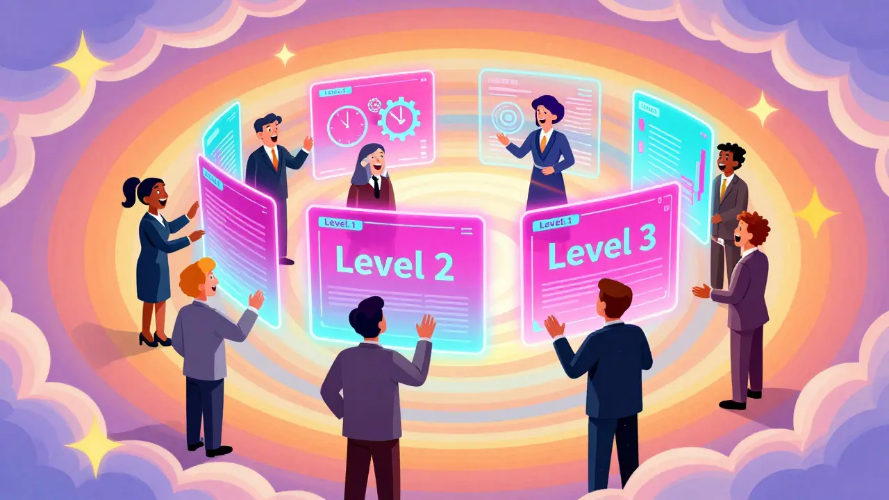 Colorful cartoon of legislators using a neon digital portal with level badges in Peter Max style