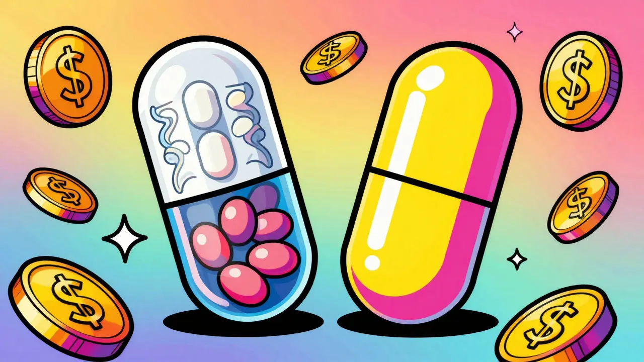Colorful illustration comparing generic pills to brand names with money symbols.