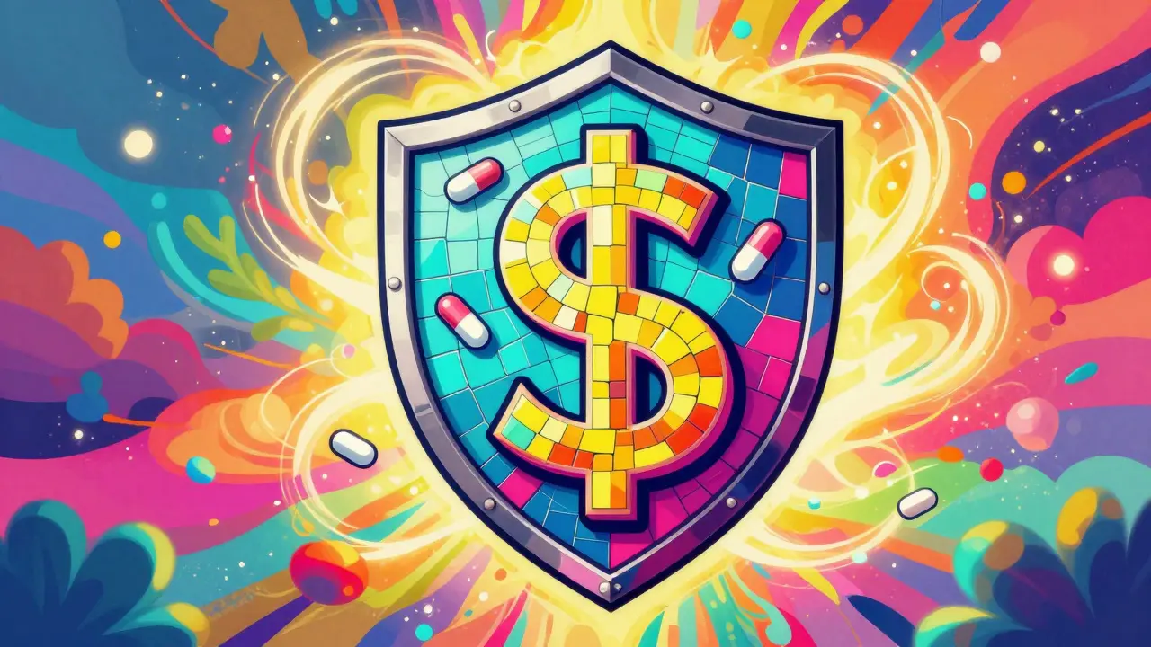 Dollar sign shield protecting pills in vibrant Peter Max art
